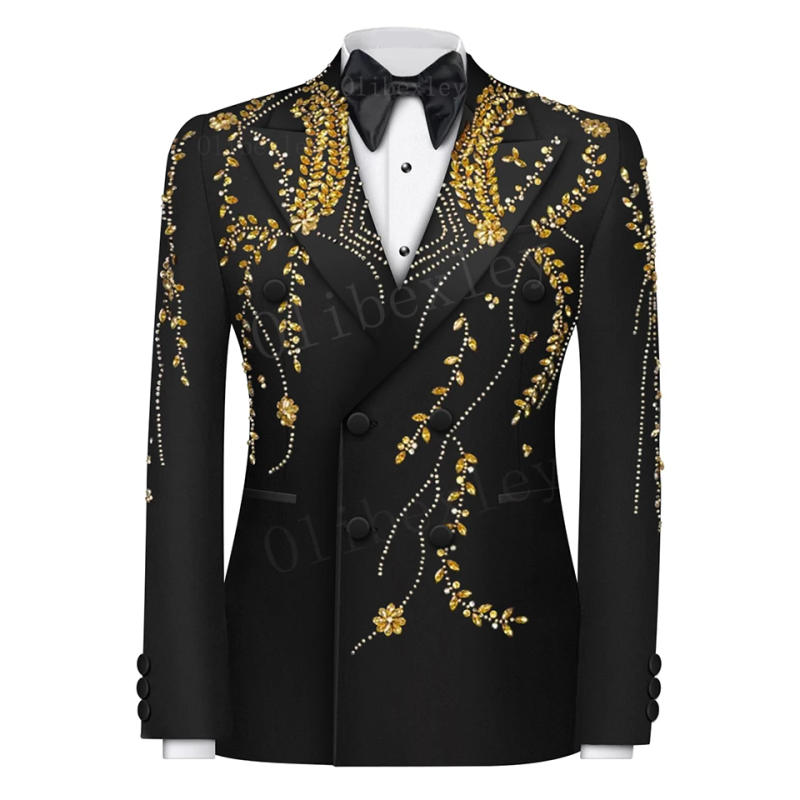 Description Picture 5 of itemB25 Luxury Gold Beaded 2 PCS Mens Suits For Wedding Slim Fit Black Double Breasted Groom Tuxedos Tailored Made Man Costume Homme