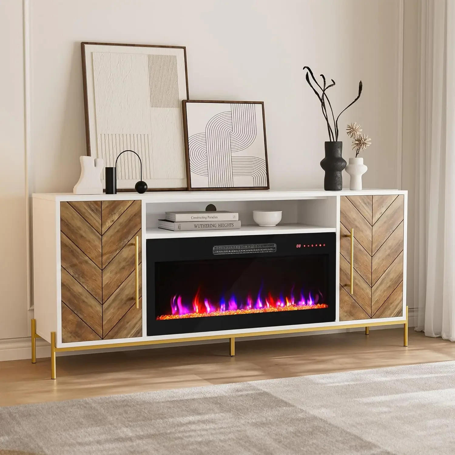 Description Picture 3 of item68" Wood TV Stand with 36" Electric Fireplace Entertainment Center with Storage Cabinet Console Table for TVs up to 75 Inches