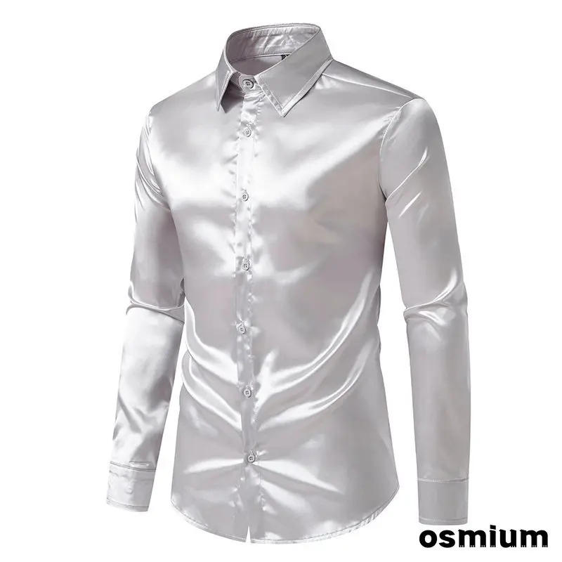 Description Picture 4 of itemMen Autumn Winter Long Sleeve Button Up Dress Formal Shirt Mens Satin Nightclub Shirt Plus Size Gold Blue Performance Clubwear