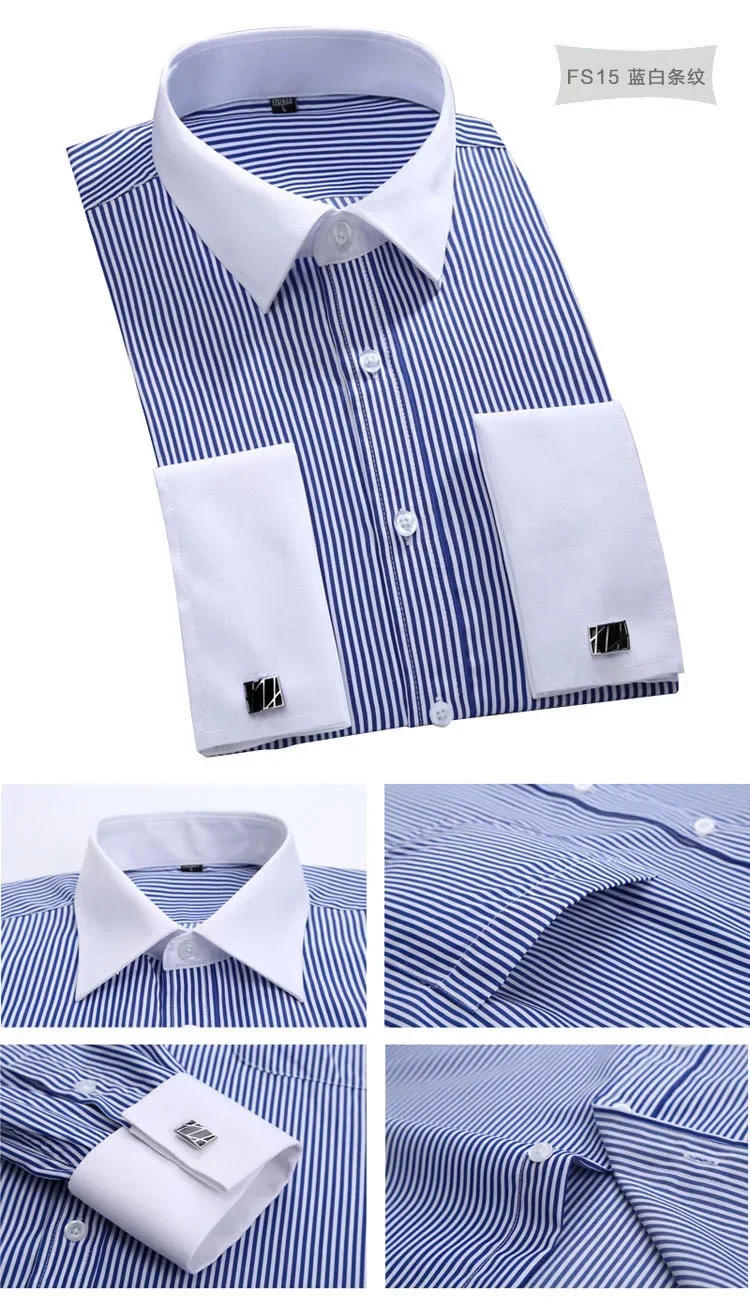 Description Picture 6 of itemQuality & Gentle Formal Mens French Cuff Dress Shirt Men Long Sleeve Solid Striped Style Men's Shirts Cufflink Include Plus Size