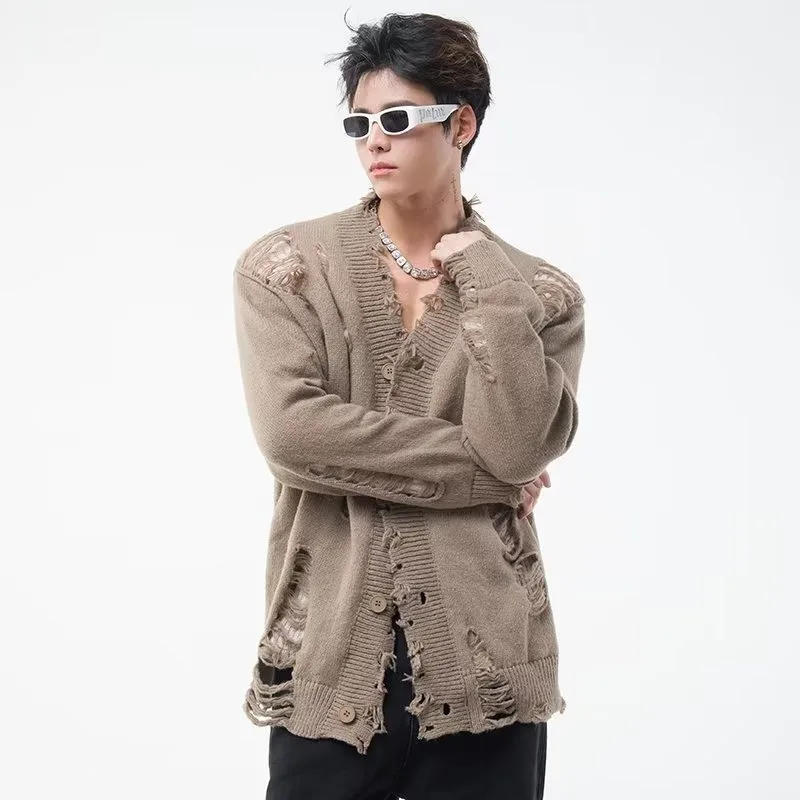 Description Picture 5 of itemY2K Men Cardigan Japanese Harajuku Hole Single Breasted Sweater Jacket Fashion V-neck Streetwear Couple High Street Knitted Coat
