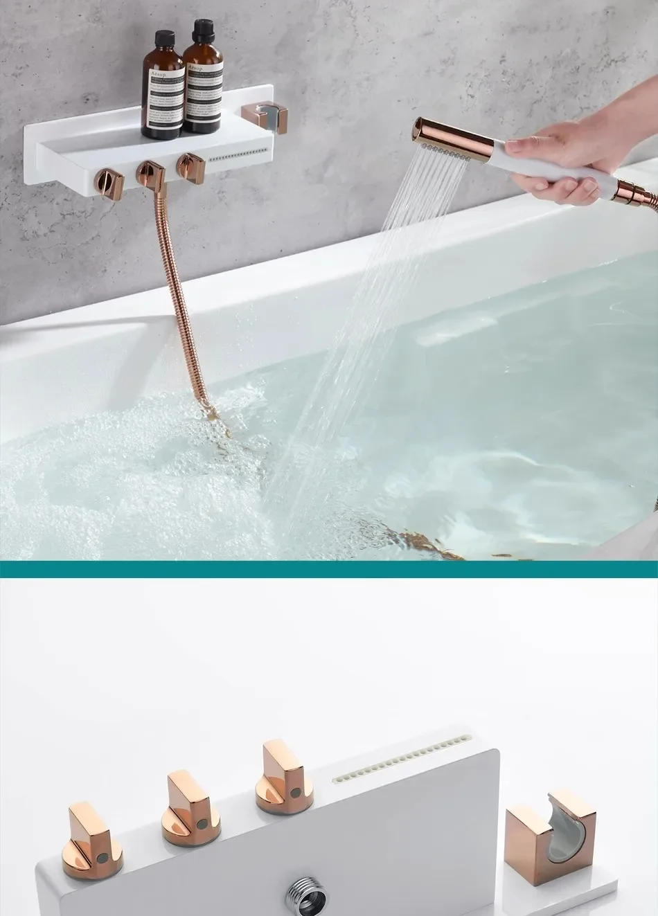 Description Picture 6 of itemFaucet Set Bathroom Wall Mounted White Rose Gold Solid Brass Big Plate Bathtub Waterfall Shower Set Newly