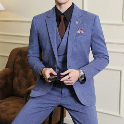 （Jacket+Vest+Pants）High-end Korean Men's Woolen Striped Three-piece Suits Men's Business Casual Suit Men's Wedding Banquet Suit
