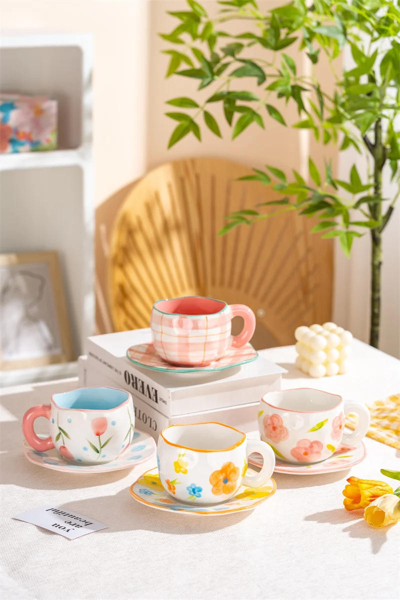 Description Picture 6 of item300ML Cute Hand Pinched Irregular Ceramic mug Flower Heart Pattern Coffee Cup Breakfast Milk tea cups Gift For Kids Girls