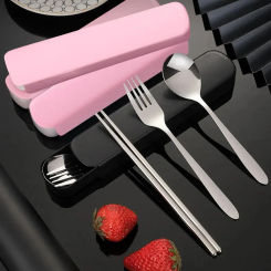 3Pcs/Set Stainless Steel Portable Tableware Set - Durable and Collectible Fork, Spoon, Chopsticks with Box Perfect for Outdoor