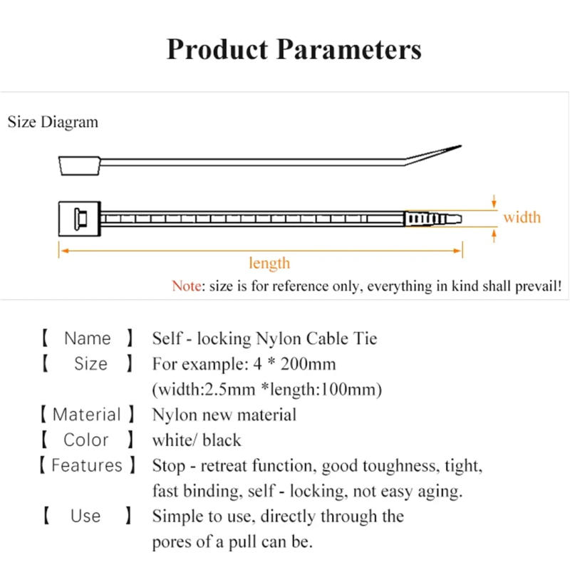 Description Picture 6 of item1000PCS Nylon Cable Ties White Cable Wire Ties Self Lock Zip Ties Nylon Cable Ties Self-locking Plastic Fasten Wire Zip Tie