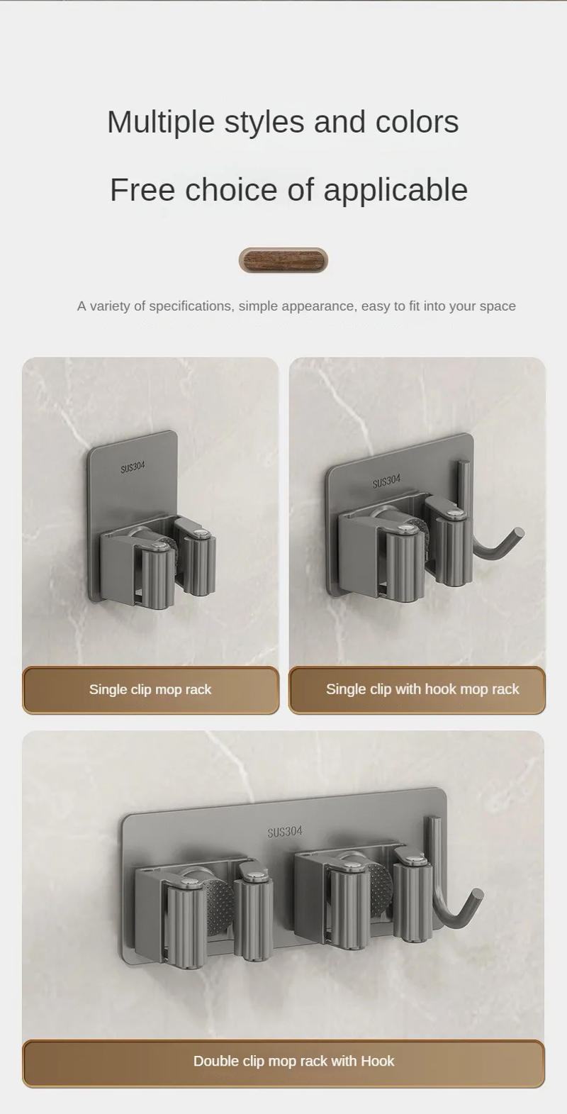 Description Picture 6 of itemWall Mounted Mop Organizer Clips Self-Adhesive Bathroom Mop Broom Hanger Holder Rack Hooks 304 Stainless Steel Mop Clip Clamp