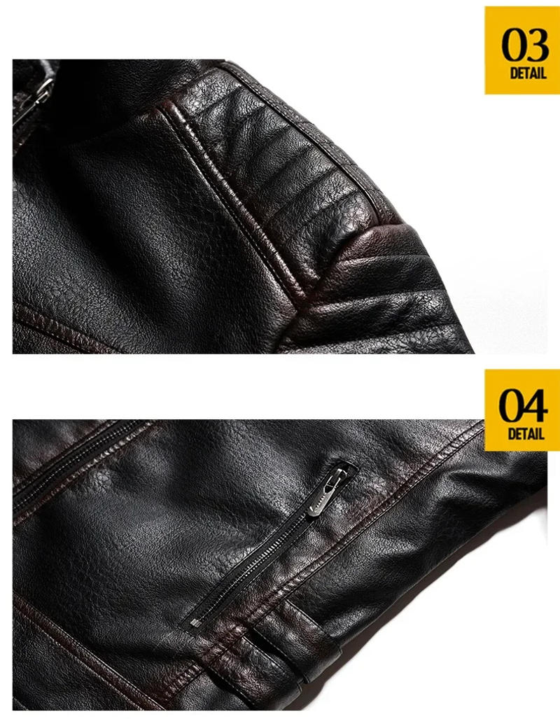 Description Picture 5 of item2023 New Winter Thicken Fleece Men's Leather Jacket Vintage Lapel Solid Motorcycles Pu Coat Autumn Male Warm Windproof Outerwear