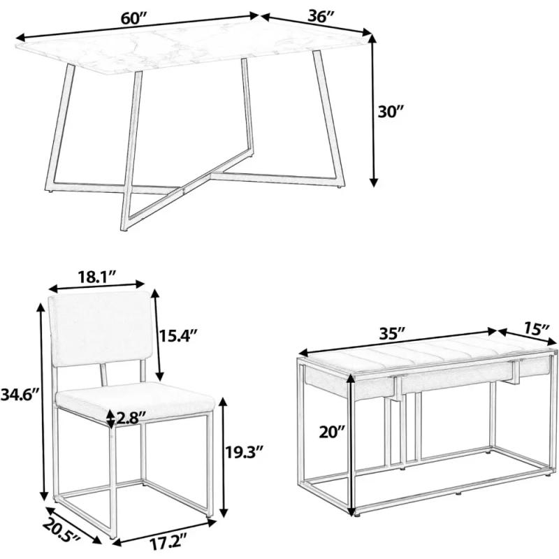 Description Picture 5 of itemDining Room Sets, 6-Piece Dinings Table Set, Metal Frame and Upholstered 4 Dinings Chairs& Bench, Dining Room Sets