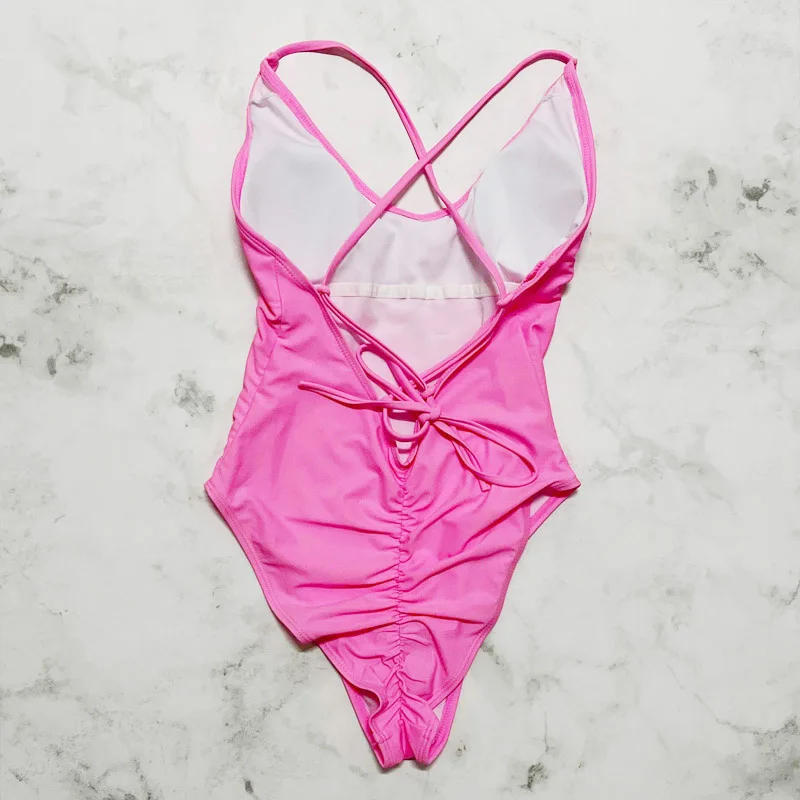 Description Picture 5 of itemSexy Female Swimsuit With Chest Pad 1-Piece Swimwear Women Monokini Bandage Swimming Suit S-3XL Pink Black Push Up Bathing Suits