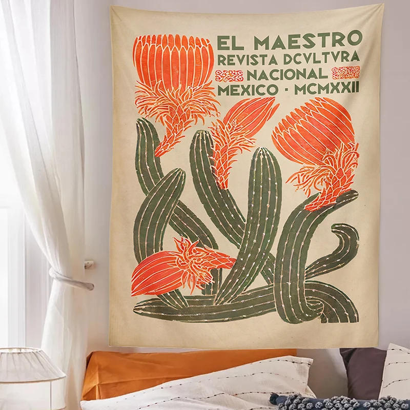 Description Picture 4 of itemBotanical Cactus Tapestry Wall Hanging Retro Flower background Hippie Bohemian Tapestries Psychedelic poster Home Decor print