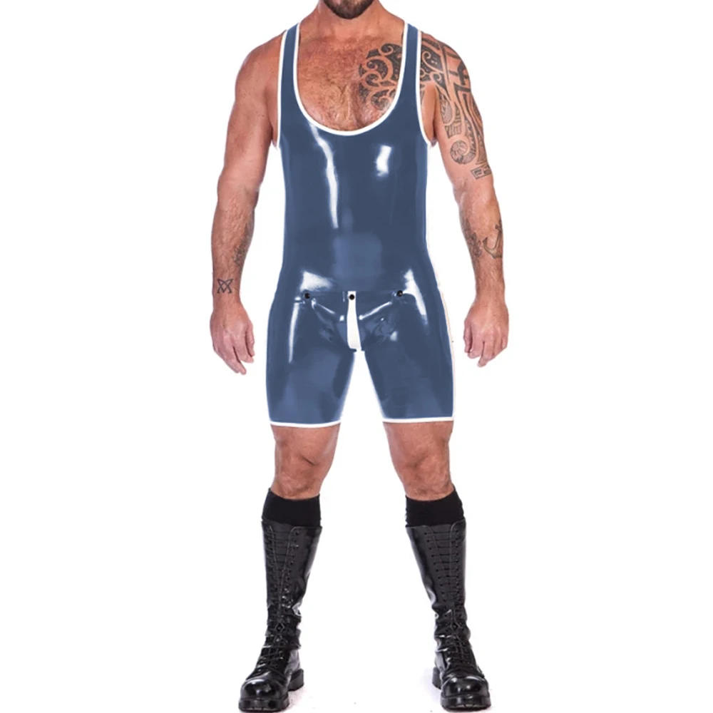 Description Picture 6 of itemMens Glossy PVC Leather Tank Leotard Punk Sleeveless One-piece Bodysuit Male U-neck Button Open Crotch Singlet Jumpsuit Clubwear