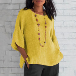 Women Cotton Linen Blouse Shirts Summer Female O-Neck Three Quarter Loose Solid Blouse Tops FYY-10718 Oversized S-5XL