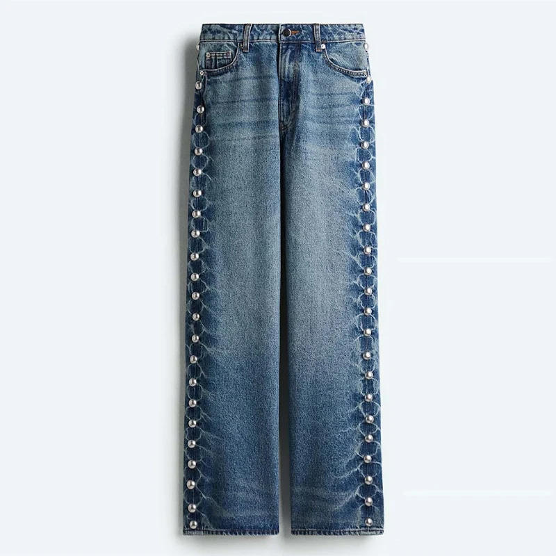 Description Picture 4 of itemChic Bead Blue Jean Women Street Baggy Wide Leg Straight Pocket Zipper Denim Long Pants Female 2025 Spring Commute Lady Trouser