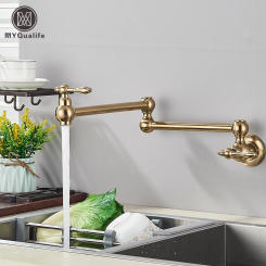 Brushed Gold Brass Pot Filler Faucet Single Cold Water Kitchen Faucet Wall Mounted Sink Tap Rotate Folding Spout Simple Installa