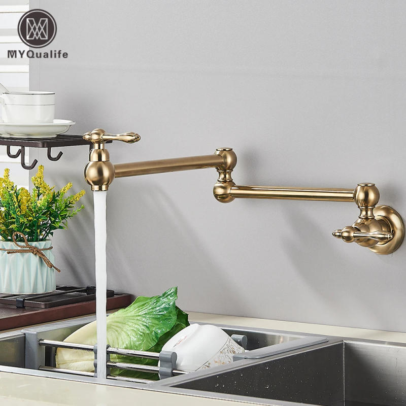 Description Picture 3 of itemBrushed Gold Brass Pot Filler Faucet Single Cold Water Kitchen Faucet Wall Mounted Sink Tap Rotate Folding Spout Simple Installa