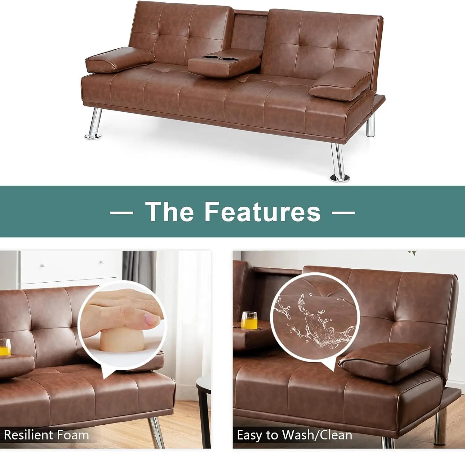 Description Picture 6 of itemLeather Futon Sofa Bed Convertible Folding Couch for Living Room.Small Space with Cup Holder and Removable Armrest Brown