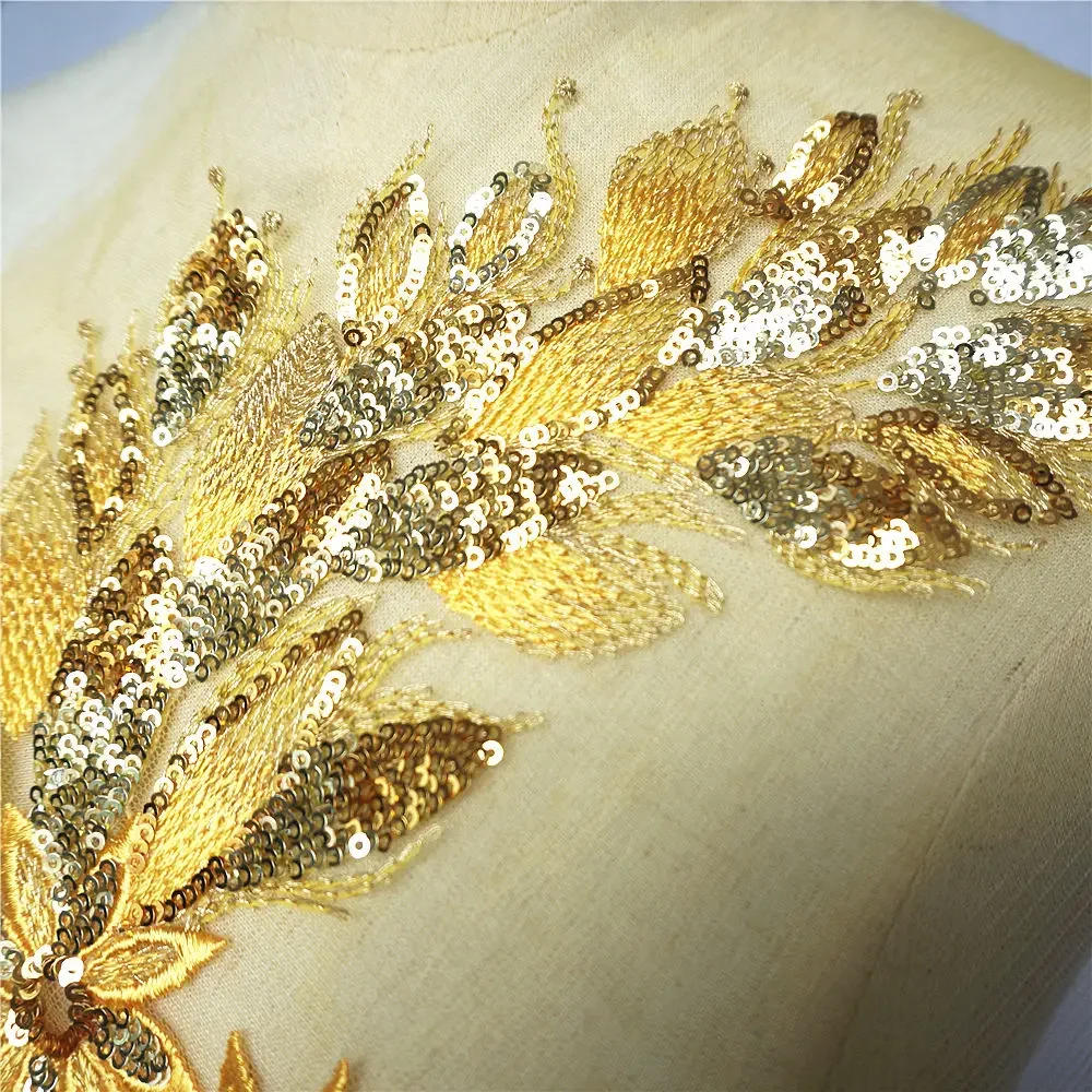 Description Picture 3 of itemBlue Black Gold Sequins Feather Tail Flowers Appliques Lace Trims Mesh Sew On Patch Embroidery For Wedding Gown Decoration DIY