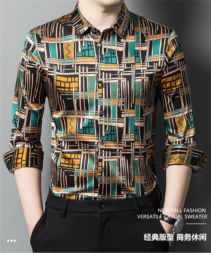 Description Picture 2 of itemColorful Plaid Print Silk Dress Men Shirt Long Sleeve Casual Slim Sping High Quality Smooth Comfortable Silky Cool Chemise Homme