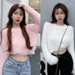 Sweet Faux Mink Hairy Pullover Sweater For Women O Neck Long Sleeve Loose Short Sweater Lady Casual Soft Warm Jumper