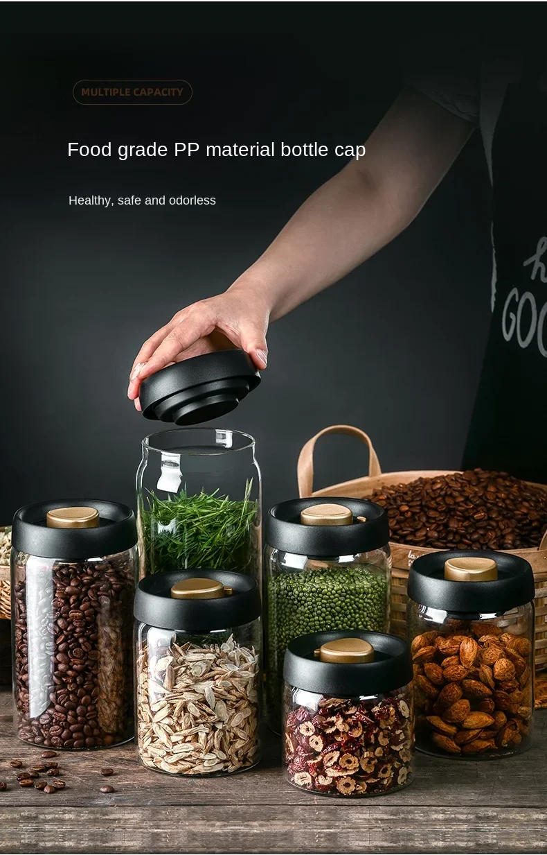 Description Picture 5 of itemGlass Jar Airtight Canister Food Container Tea Vacuum Sealed Coffee Beans Storage Bottles Creative Home Kitchen Jar Glass Tanks