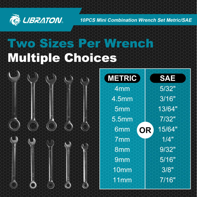 Description Picture 3 of itemLIBRATON 10PCS Mini Combination Wrench Set with Rolling Pouch Metric 4-11mm/SAE 5/32"-7/16" Carbon Steel