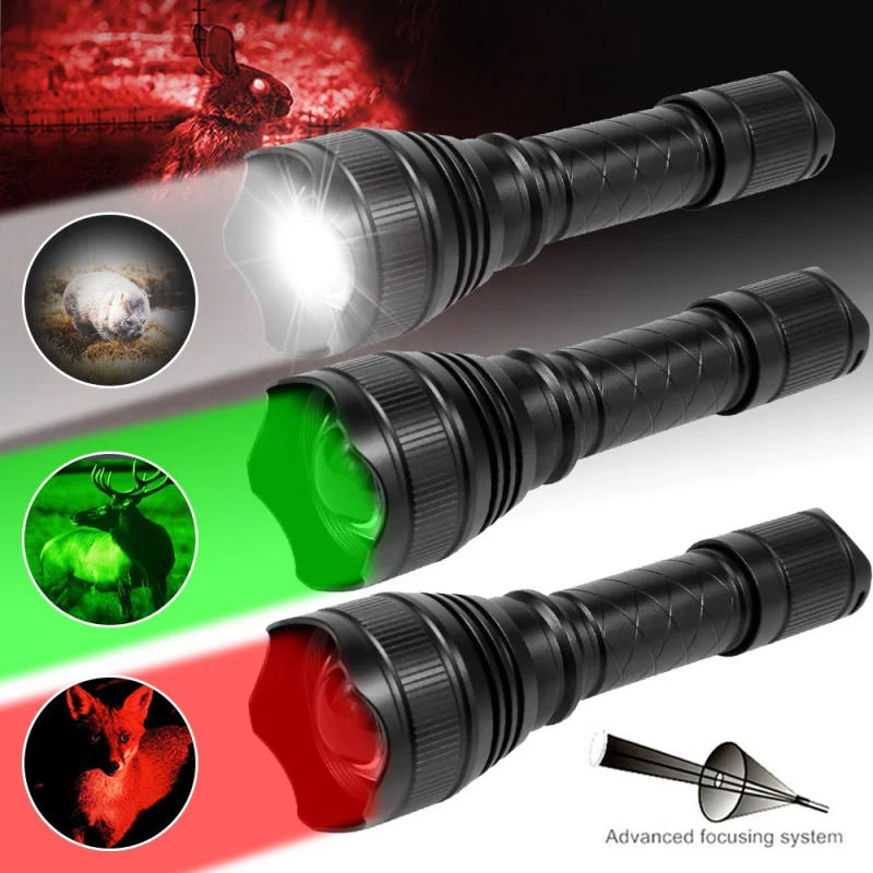 Description Picture 2 of item500 Yards Zoomable Flashlight Red/Green/White Hunting Torch 1 Mode High+Remote Pressure Switch+Rifle Scope Mount+18650+Charger