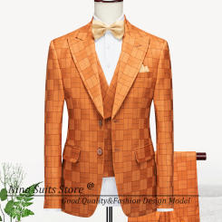 G&N Burnt Orange Plaid Pattern Men Costume 2024 Tailor-made Single Breasted Suits of Man Waistcost in Double Breasted Style Suit