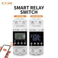 ETEK  TUYA Smart Relay 63A Adjustable Current & Delay Timer LCD Display 220V/380V DIN Rail 2P Remote or Manual Relay EKA1