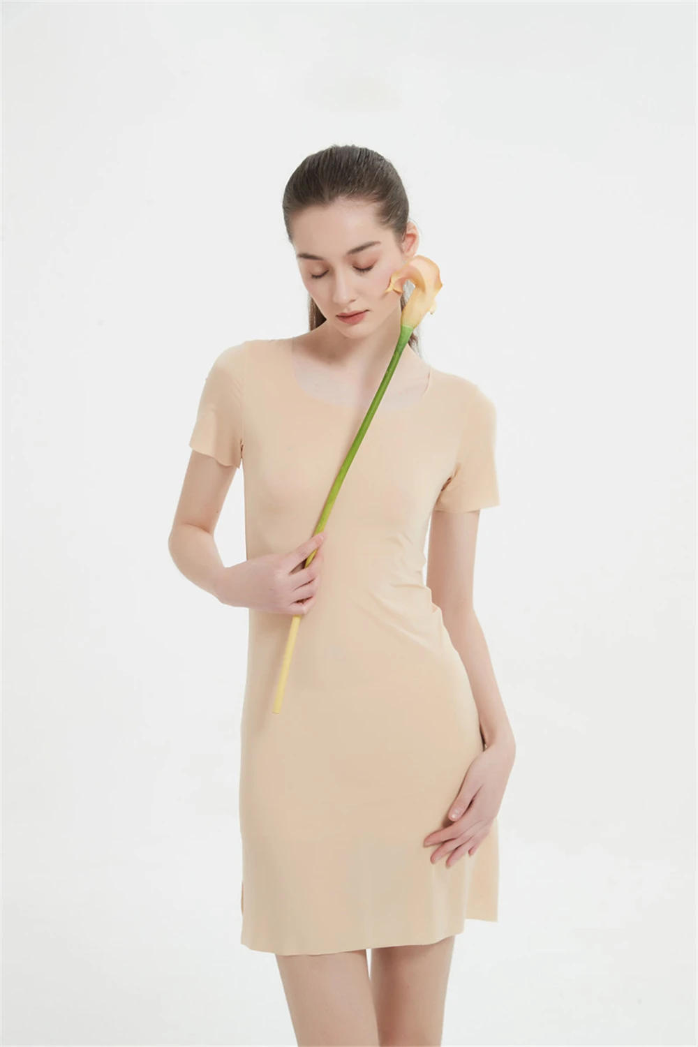 Description Picture 4 of itemsummer Seamless IceSilk Full Slips Dresses For Women Thin Short Sleeve Mini Cool Petticoat Underkirt Sleepwear under dress slip