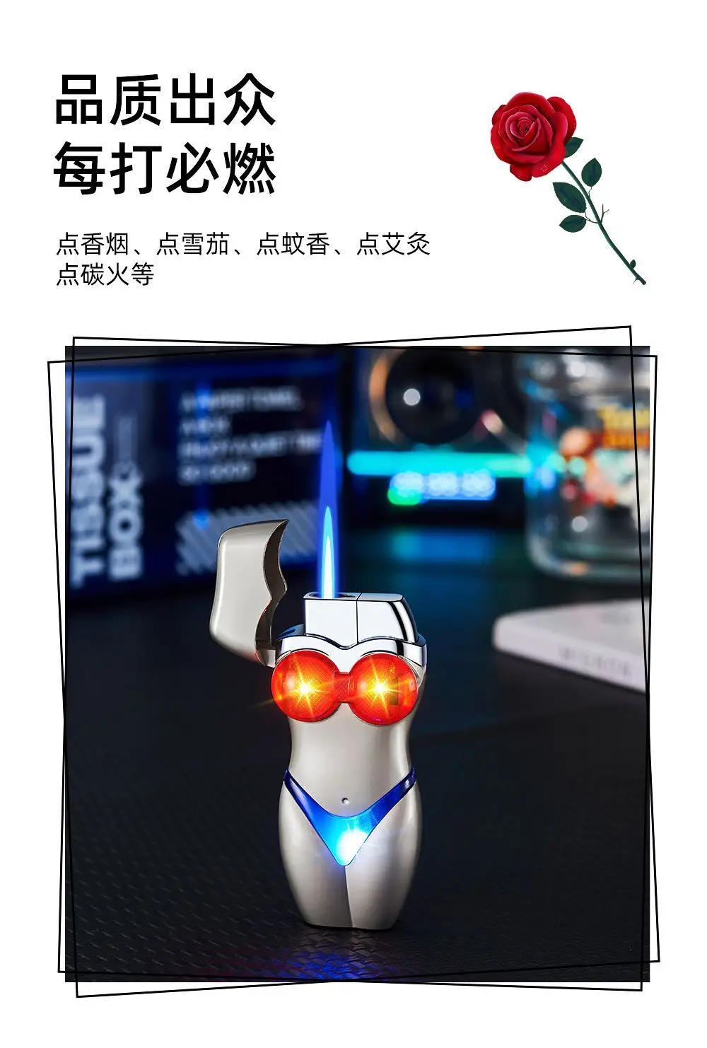 Description Picture 6 of itemFashionable Glowing Bikini Beauty Lighter Windproof Straight Blue Flame Inflatable Lighter Smoking Gadgets for Men Gifts