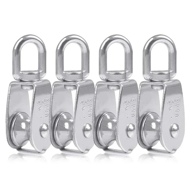Description Picture 2 of item4PCS Single Pulley Block M15 Stainless Steel Small Pulley Roller For Rope Cord in Outdoor 360 Degrees Swivel Silver Pulley House