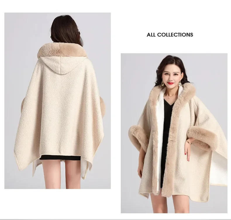 Description Picture 5 of itemWomen Granular Cardigan Long Cloak Loose Coat With Hat Winter Thicken Velvet Big Pendulum Faux Fur Collar Outstreet Poncho Capa