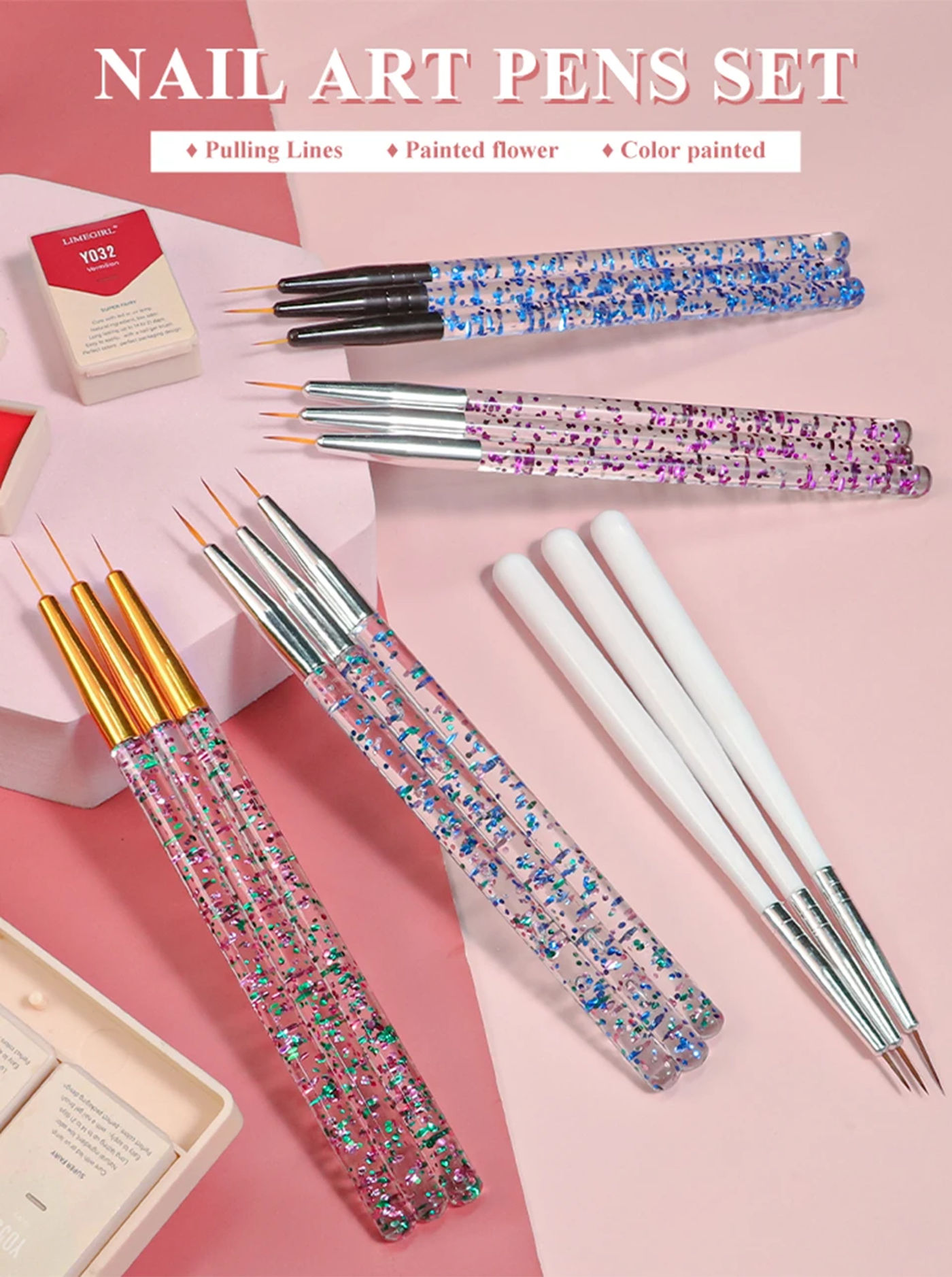 Description Picture 2 of item3Pcs Nail Art Liner Brush Acrylic DIY French Stripe Thin Line Painting Drawing Flower Pen Gel UV Polish for Manicure Tools