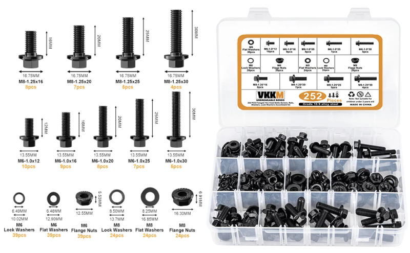 Description Picture 3 of item252Pcs Flange Hexagon Bolt Nut Washer Kit,10.9Grade Alloy Steel Black Zinc Plated M6, M8 Metric Flange Bolt Sorting Kit
