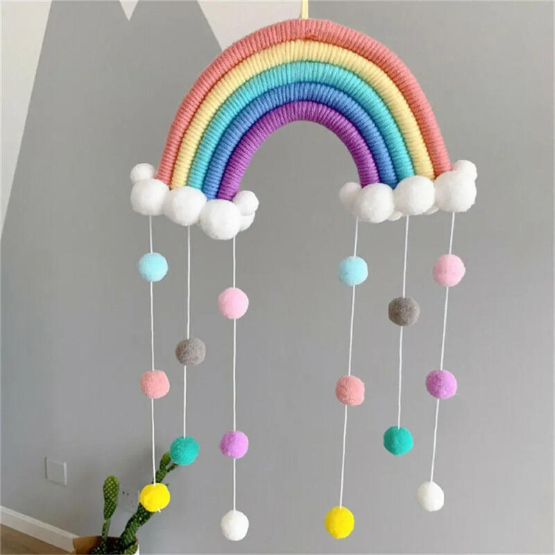 Description Picture 4 of itemHand-woven Five Strands Rainbow Clouds Hanging Decoration Colorful Pom Pom Felt Ball Tassel Wall/Window Hanging Decoration Craft
