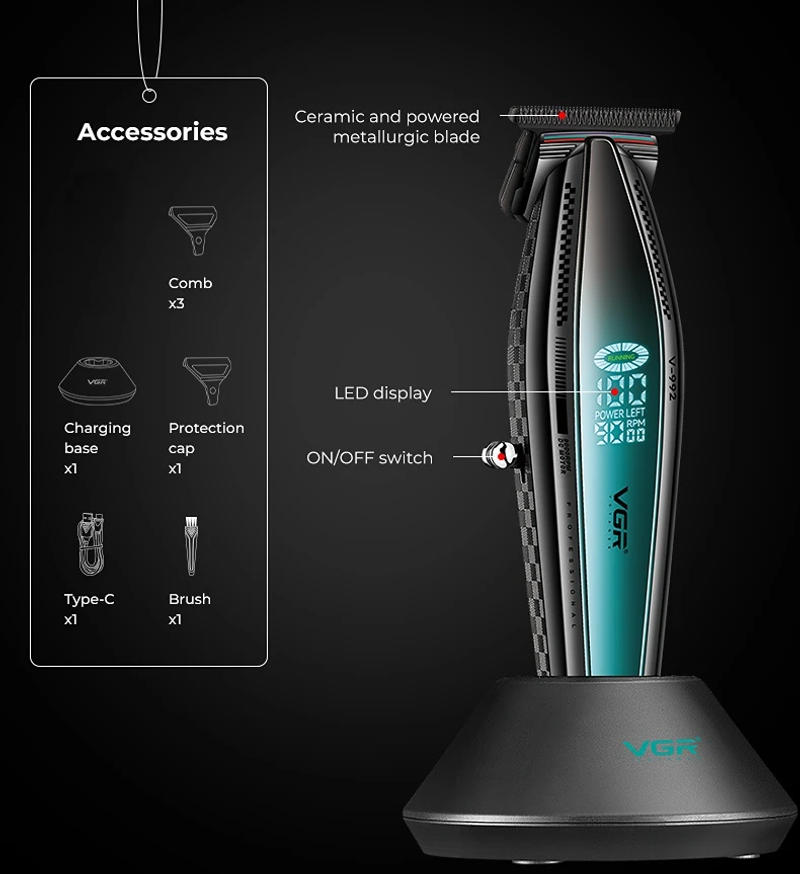 Description Picture 3 of itemVGR Hair Trimmer Professional Hair Clipper Barber Hair Cutting Machine 9000 RPM Cordless Haircut Metal Trimmer for Men V-992