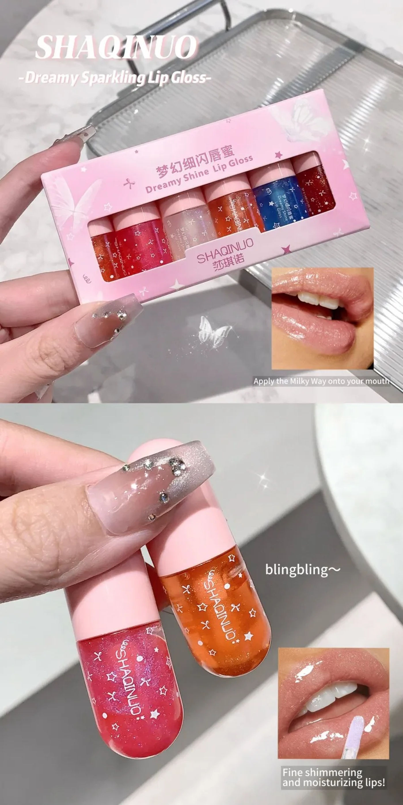 Description Picture 3 of itemShimmery Glitter Moisturizing Lip Gloss Set 6 Colors Highly Pigmented Fine Shine Long Wear Cute Lipgloss Set