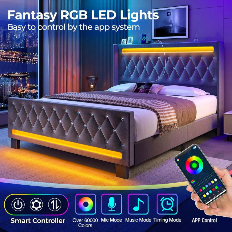 Description Picture 4 of itemKing Bed Frame with LED Light and Charging Station, Upholstered High Headboard and Footboard, Wood Slats, Noise Free