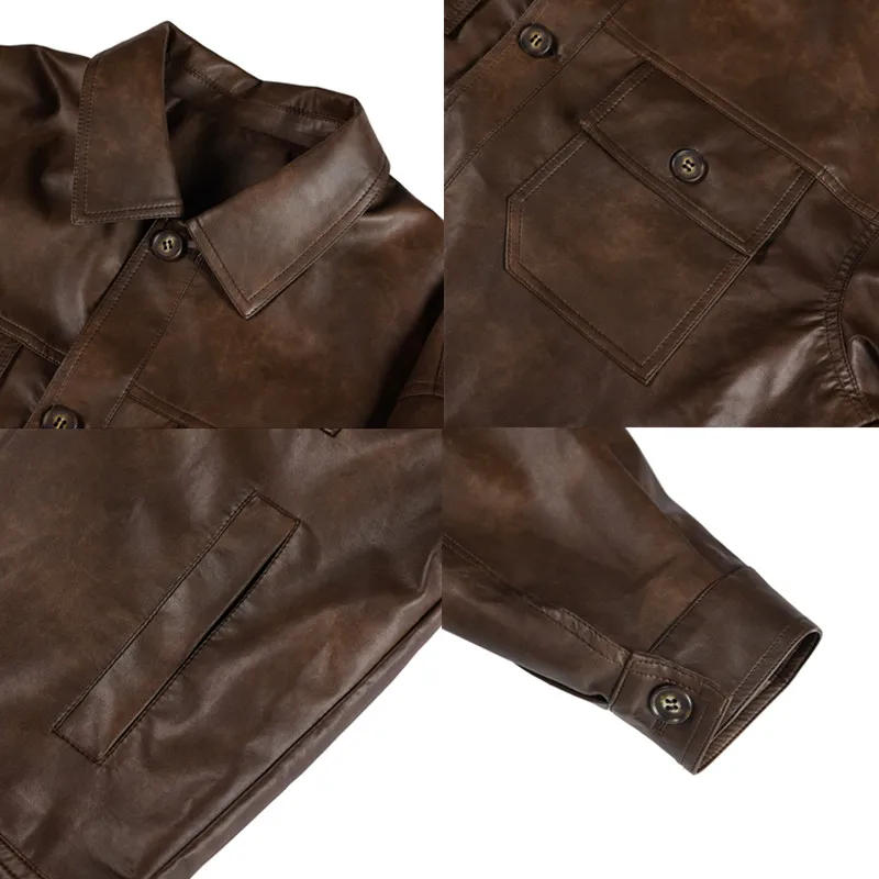 Description Picture 5 of itemMultiple Pockets Faux Leather Jackets Mens All-match Single-breasted Solid Coat Mens Business High Quality PU Leather Jacket 4XL