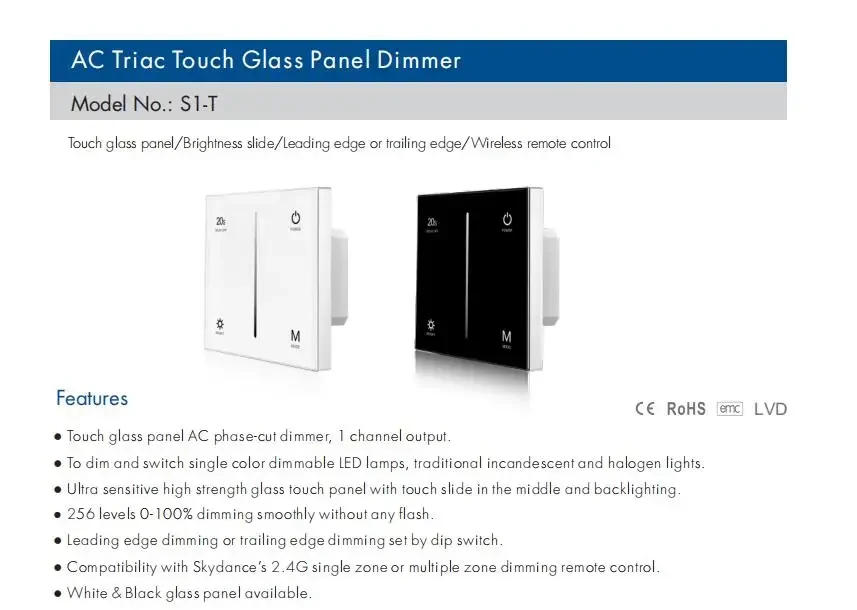 Description Picture 2 of itemAC100-240V AC Triac Touch Glass Panel Dimmer S1-T White & Black Glass Panel For Single Color Dimmable LED Lamp Tape Strip Light
