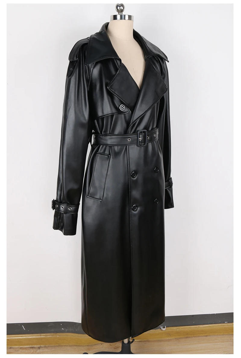 Description Picture 3 of itemnerazzurri Spring Autumn Long Oversized Windproof Waterproof Black Pu Leather Trench Coat Men Belt Double Breasted Overcoat 2024