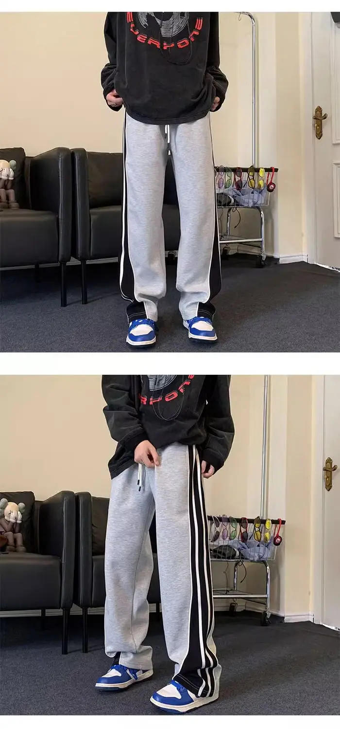 Description Picture 4 of itemAmerican style joint men and women spring/summer striped patchwork casual pants trend loose straight leg wide leg sports pants