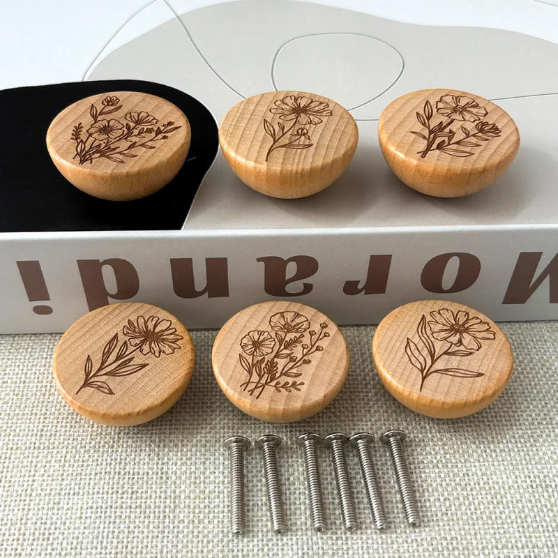 Description Picture 3 of item6Pcs Beech Wood Engraved Beautiful Flowers And Plants Dresser Knob Kitchen Cabinet pull Single Hole Drawer Knob Furniture Handle