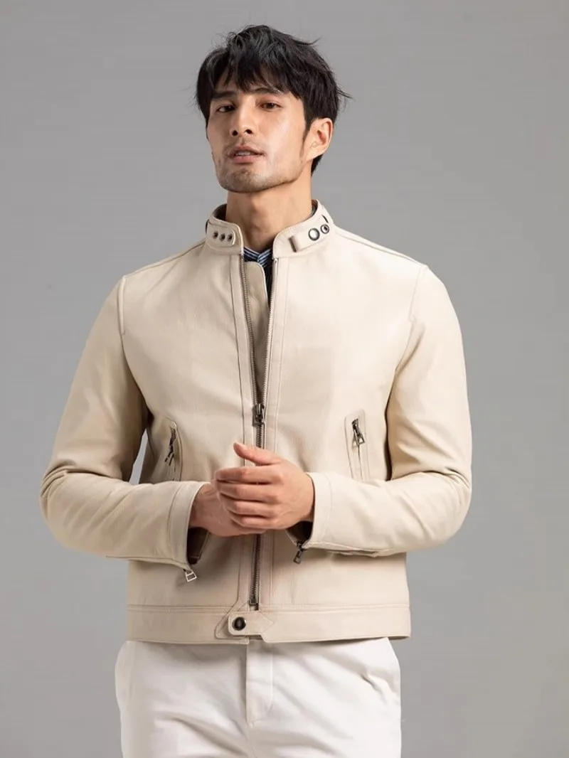 Description Picture 4 of itemDesigner Mens Genuine Leather Motorcycle Jacket Slim Stand Collar High Quality Natural Sheepskin Short Coat Customized 7 Days