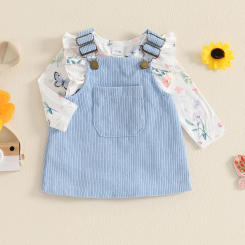 Infant Baby Girls Fall Clothes Sets Floral Print Long Sleeve Ruffled Trim Romper Corduroy Overalls Skirt 2-Piece Outfits 0-18M