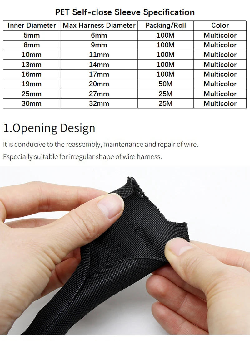 Description Picture 3 of item1/5M PET Self Closing Expandable Braided Sleeve Dia 5 8 10 13 16 19 25 30 mm Cable Protector Harness Nylon Wire Wrap