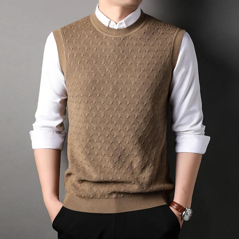 Description Picture 6 of itemMen Wool Knit Tops Basic Sleeveless Jumpers Sweater Pullover O Neck for Autumn Winter England Style Male Young Fashion 00049