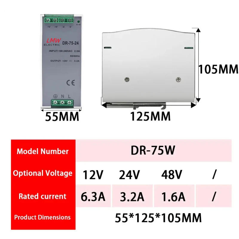 Description Picture 5 of itemDR-15 DR-30 DR-45 DR-60 -5/12/15/24 15W 30W 45W 60W 75W Single Output 5V 12V 15V 24V 48V Industrial Din Rail Power Supply Switch