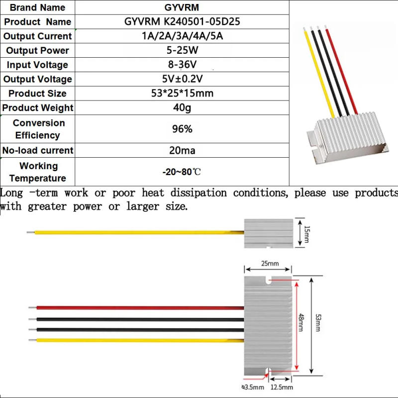 Description Picture 2 of item24V to 5V1A-5A 12V to 5V 5A 25W Power Converter Input Voltage 8-36V DC DC Step-down Module Buck to 5V Switching Power Supply